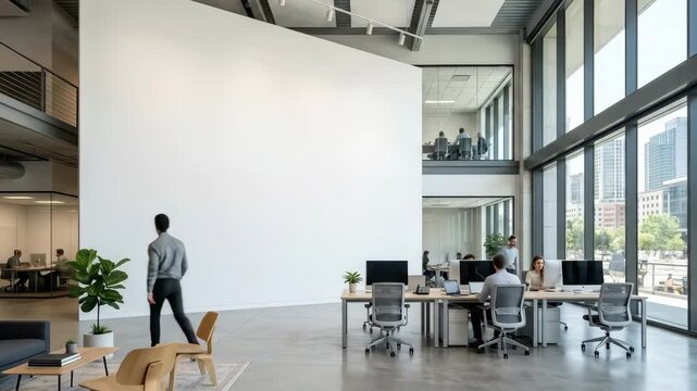 A large pristine white wall mockup dominates a bright modern office interior with high ceilings and open space, clean architectural lines and soft natural light creating a polished corporate