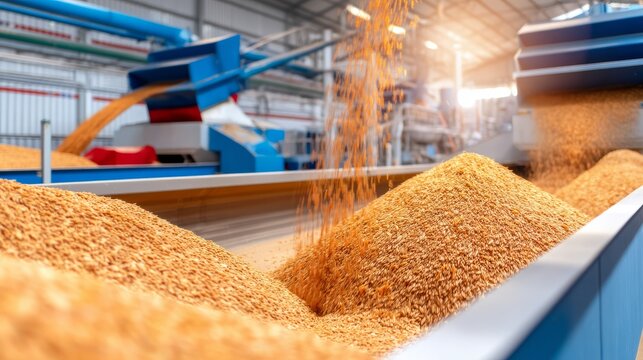 Modern Rice Milling Facility Interior with Active Conveyor System in Action