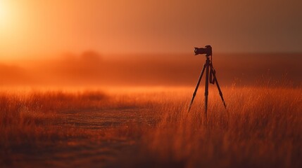Naklejka premium Tripod Standing Alone in Open Field during Golden Hour Sunset