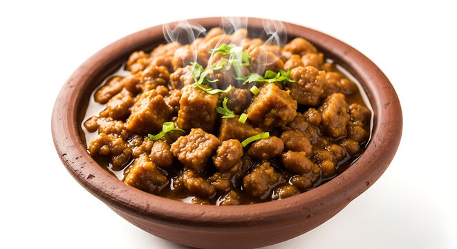  Delicious Soya Chunk Curry or Meat Masala Gravy served in a traditional clay bowl with fresh cilantro garnish, steaming hot authentic Indian vegan protein meal on a white background.