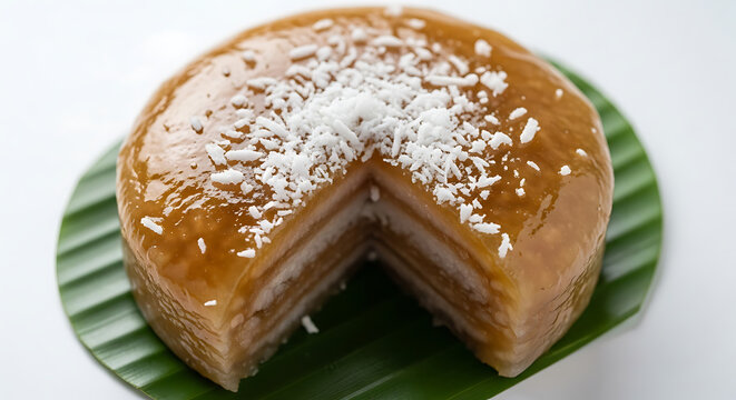Traditional Goan Bebinca layered pudding cake with caramel glaze topped with shredded coconut and a slice missing on a green banana leaf base