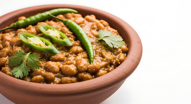 Detailed close up view of punjabi chole masala chickpea curry with sliced green chilies and fresh cilantro leaves served in a rustic terracotta bowl