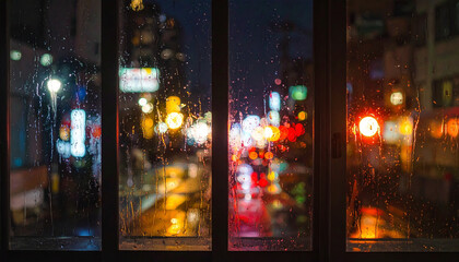 Obraz premium Rainy city lights through window with colorful bokeh at night