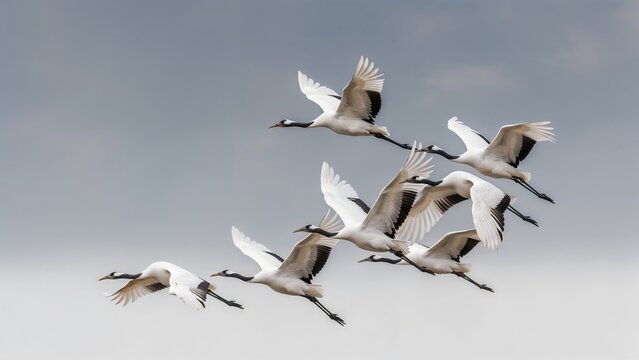 Flock of cranes flying in a V formation against a cloudy sky  