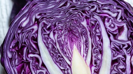 Obraz premium Close-up of fresh purple cabbage leaves showing layered textures and intricate veins. Organic vegetable foliage in deep purple hues. Macro view for food photography and botanical nature concepts.