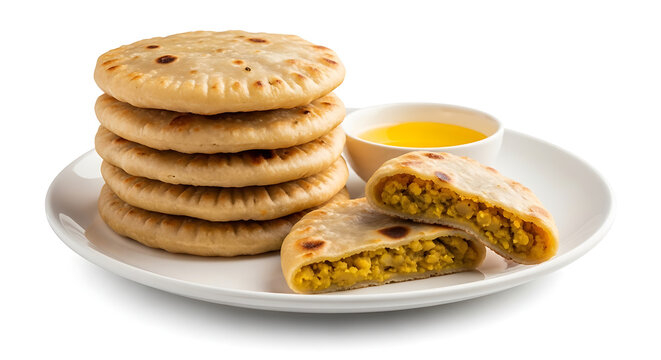 Stack of Puran Poli traditional Indian sweet flatbread stuffed with sweet lentil and jaggery paste served with a bowl of pure liquid ghee on a white plate isolated on white background