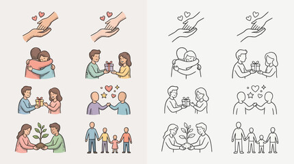 Fototapeta premium Collection of illustrations depicting acts of kindness, support, and community building, presented in both colored and line art styles.