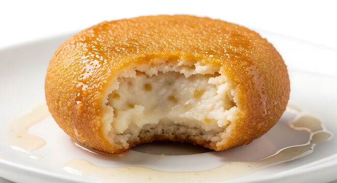 Traditional Indian sweet Mawa Bati with a bite taken out to show the soft milk-solid filling, a rich fried dessert served in sugar syrup on a white plate.