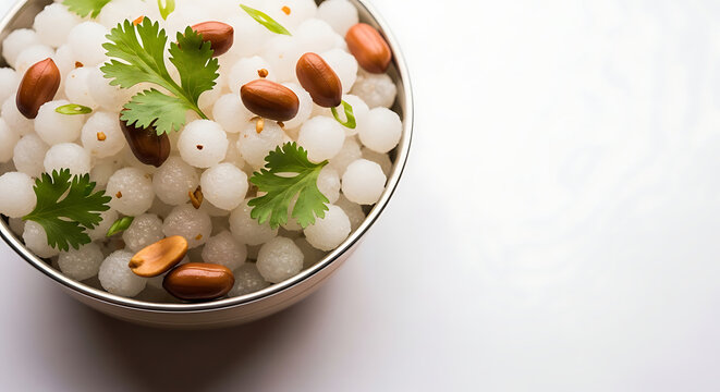 Close-up macro shot of Sabudana Khichdi showing translucent sago pearls, roasted peanuts, and fresh coriander garnish, nutritious gluten-free Indian snack on white background.