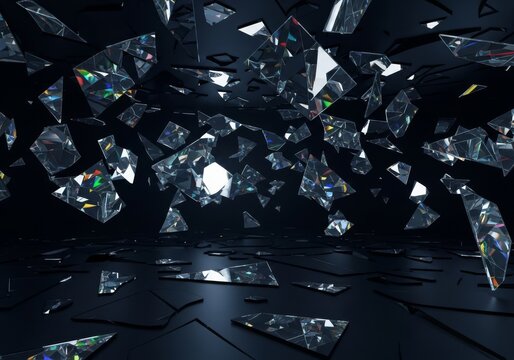 A vast dark abyss featuring floating mirror shards that cast misaligned reflections, creating a surreal and distorted geometric dimension, mirror, seamless, void