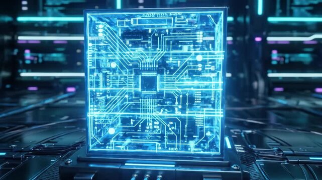A glowing blue cube with circuit patterns pulses on a dark platform, futuristic lighting and reflections creating a high-tech composition, abstract digital energy and depth emphasized by neon glow,