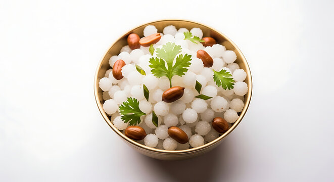 Sabudana Khichdi breakfast made from sago pearls, peanuts, and cumin, a traditional Indian fasting food garnished with fresh coriander in a golden bowl over a white background.