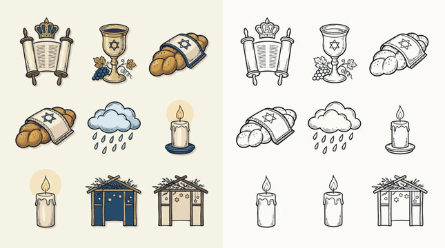 Collection of Jewish religious and cultural symbols, including a Torah scroll, Kiddush cup, challah bread, candles, clouds with rain, and a sukkah.