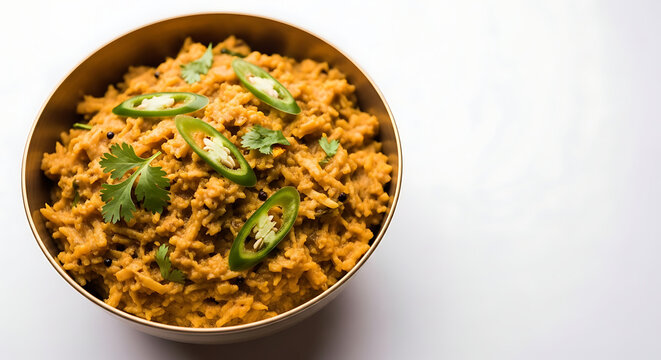 Detailed close-up of Maharashtrian Misal gravy in a metallic bowl, featuring green chilies and coriander, rich spicy pulse curry used as a base for Misal Pav or Sev Usal street food.