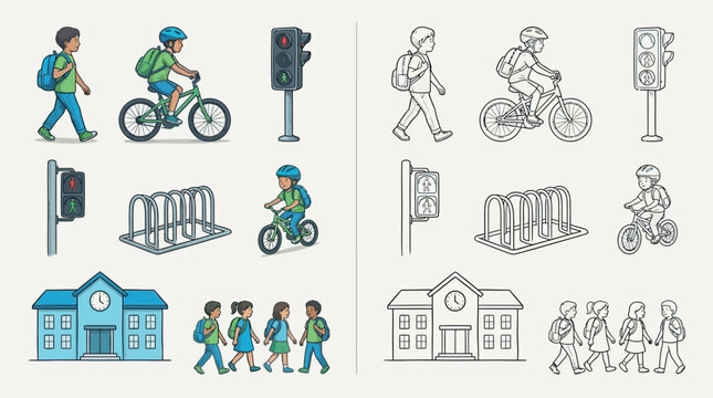 Collection of colorful and outline illustrations depicting school transportation and safety elements, including students, bicycles, traffic lights, and a school building.
