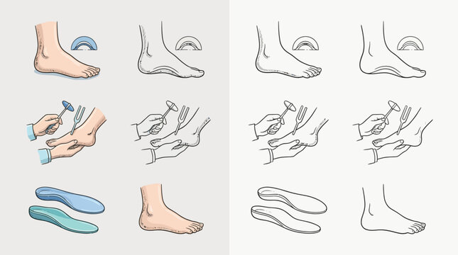 Illustrations showing the anatomy of the human foot, arch support, and custom orthotics for foot care and comfort.
