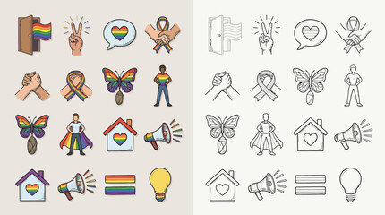Collection of colorful and monochrome icons representing LGBTQ+ pride, community, and support, including symbols like rainbows, hearts, and diverse people. © renender