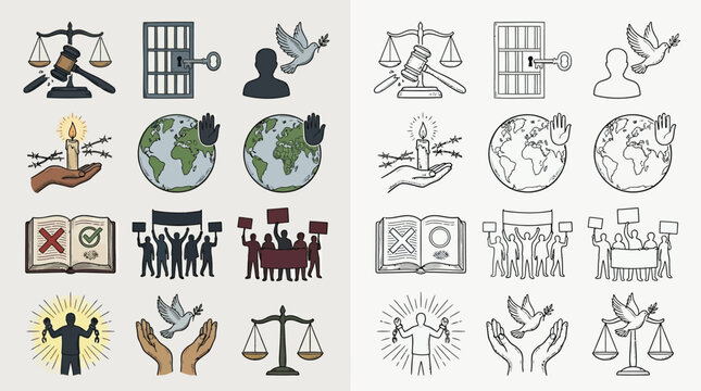 Collection of colorful and outlined icons representing human rights, justice, peace, and social activism.