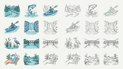 Fototapeta premium Collection of hand-drawn illustrations depicting various natural scenes and activities related to water, including rivers, waterfalls, kayaking, and wildlife.