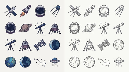 A collection of colorful and grayscale icons representing space exploration, including rockets, astronauts, planets, and spacecraft. © renender