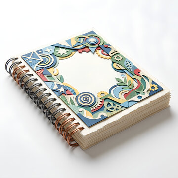 Artistic spiral bound notebook with colorful design on cover.