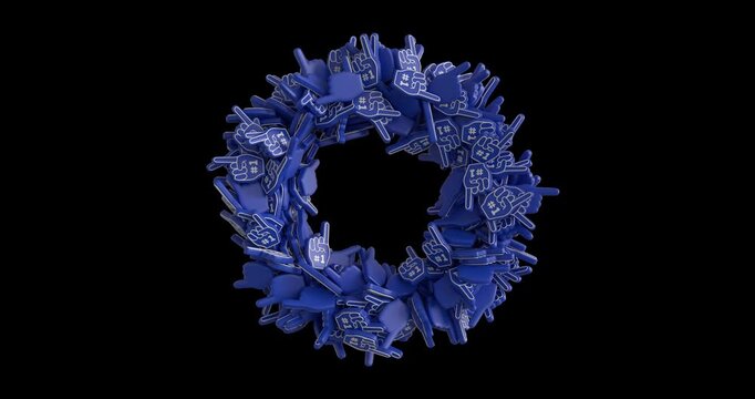 A circular ring made of cheering foam fingers rotates in a playful and eye catching formation, creating a bold sports themed visual. This 3D animation is rendered in 4K and includes an alpha channel f