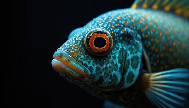 Detailed view of Rocio Octofasciata fish, also known as Jack Dempsey. Its scales show blue and orange patterns with striking orange iris eye. This aquarium inhabitant is shown against dark backdrop.