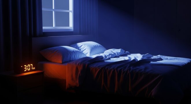 Moonlight streams into a dark bedroom where an unmade bed sits near a glowing digital clock during a night of late hour restlessness, bedside, domestic, midnight