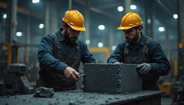 Two men in hard hats work with large graphite block in factory setting. One man uses tool to shape block steadies. Industrial machinery visible in blurred background, illuminated by overhead lights,
