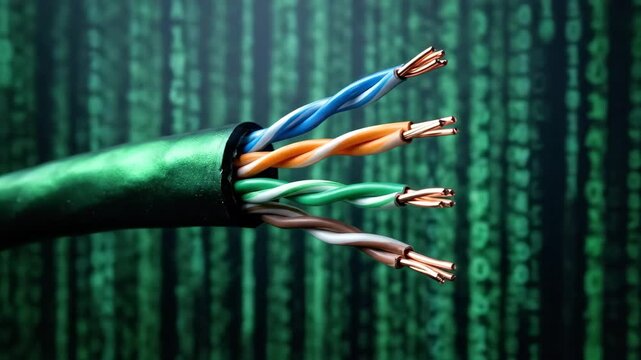 A severed Cat-6 ethernet cable with cleanly cut end exposing twisted copper wire pairs in white, orange, green, and blue insulation, blurred cascading green digital code waterfall in the background,