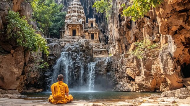 Serene Monk Sitting Beside Waterfall Near Cliffside Temple Pool