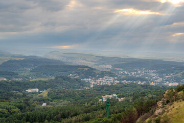 Fototapeta premium View of Kislovodsk Park and the cable car from the mountain