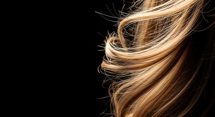 Naklejka premium Close-up shot of flowing blonde hair strands against a dark background, showcasing texture and movement