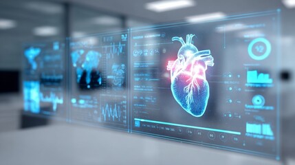 Obraz premium Futuristic healthcare technology interface displaying a digital human heart with medical data visualization. Advanced AI system analyzing patient health metrics in a modern hospital environment. Conce