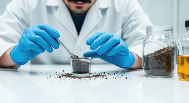 Scientist in lab coat examines soil sample with tool on white table