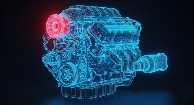 Detailed illustration of a glowing blue car engine with a red light on a dark background