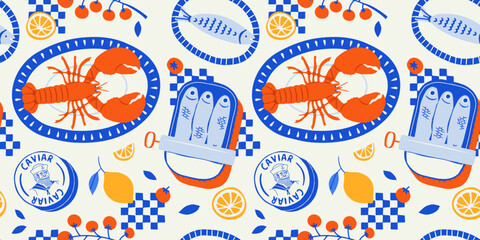 Fototapeta na wymiar Vintage sea food seamless pattern. Italian cuisine background illustration in hand drawn style. Retro mediterranean beach surface print design, summer vacation texture.