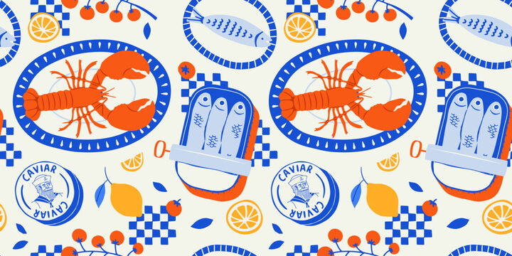Vintage sea food seamless pattern. Italian cuisine background illustration in hand drawn style. Retro mediterranean beach surface print design, summer vacation texture.