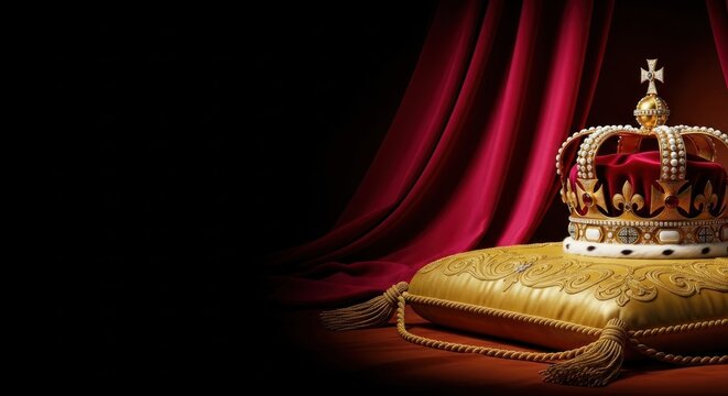 The crown sits on a golden pillow in front of red curtains indoors.