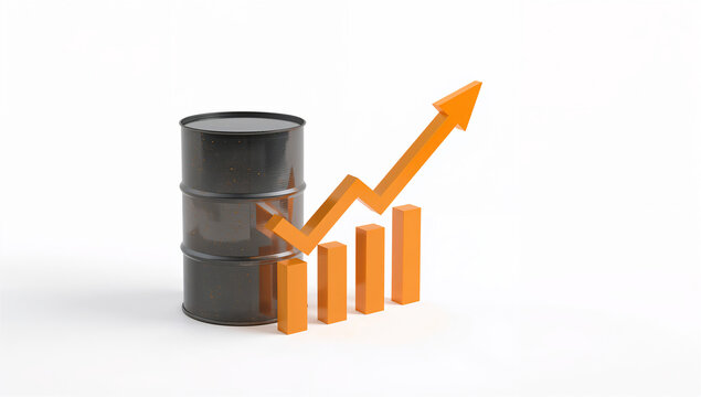 白背景に原油ドラム缶と上昇グラフを置いたシンプルな金融素材
