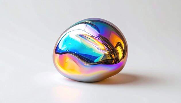 Polished, organic, egg-shaped object with iridescent sheen on a neutral, white background