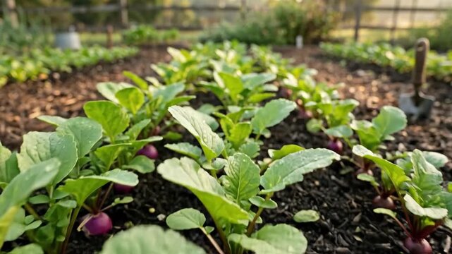 Uniform rows of young purple turnips and beetroots pushing through rich dark garden soil, their vibrant violet-crimson shoulders contrasting vividly with the fertile dark earth, broad fresh green