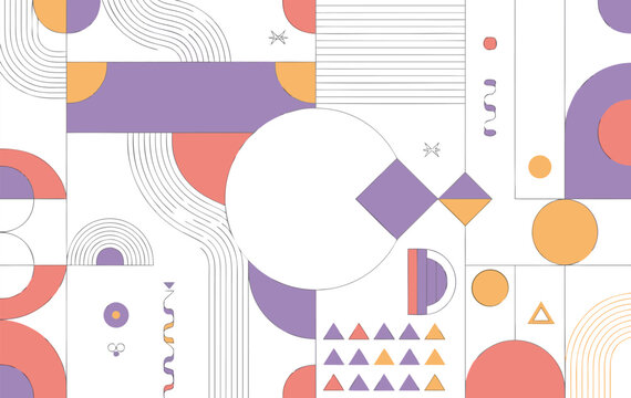 Abstract geometric composition with purple orange and coral shapes including circles squares triangles and parallel line patterns on a white background in a flat style layout