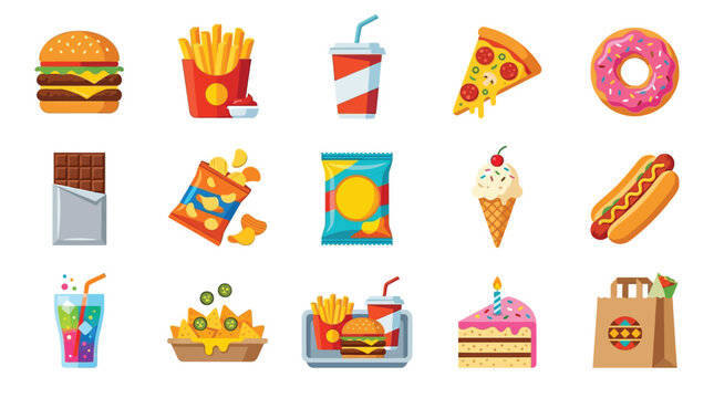 A vibrant collection of popular fast food and snack items, including burgers, fries, pizza, donuts, and soda, presented as flat vector illustrations.