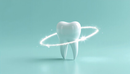 Obraz premium 青緑の背景で輝きをまとう白い歯の3DCG清潔イメージ