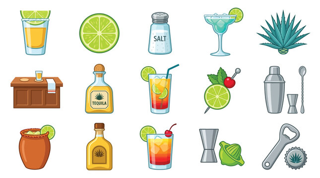 A collection of cartoon illustrations depicting various tequila-related items, cocktails, and bar tools on a white background.
