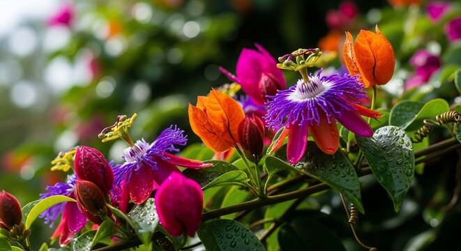 Colorful passion flowers blooming