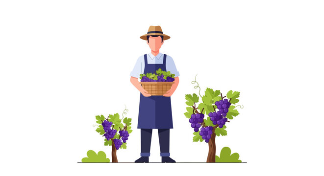 A smiling farmer holding a basket of freshly harvested purple grapes in a vineyard. EPS Editable. Vector Illustrations.