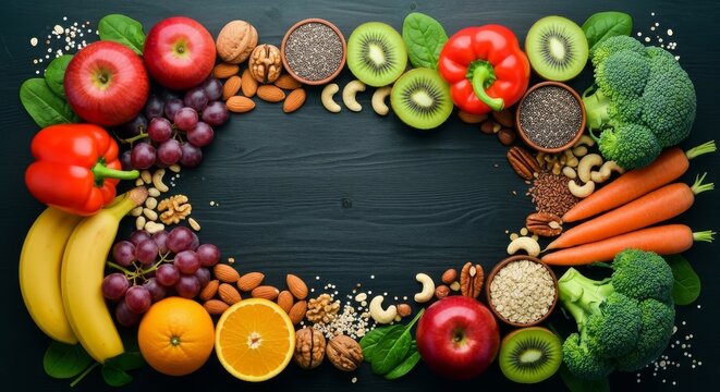 A colorful top view of assorted fresh fruits, crisp vegetables, various nuts, and healthy grains arranged neatly on a dark wooden background, diversity, nuts, fresh