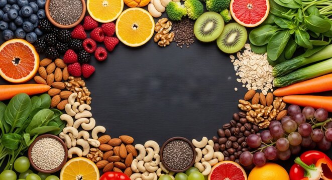 A colorful top view of assorted fresh fruits, crisp vegetables, various nuts, and healthy grains arranged neatly on a dark wooden background, grains, table, diet